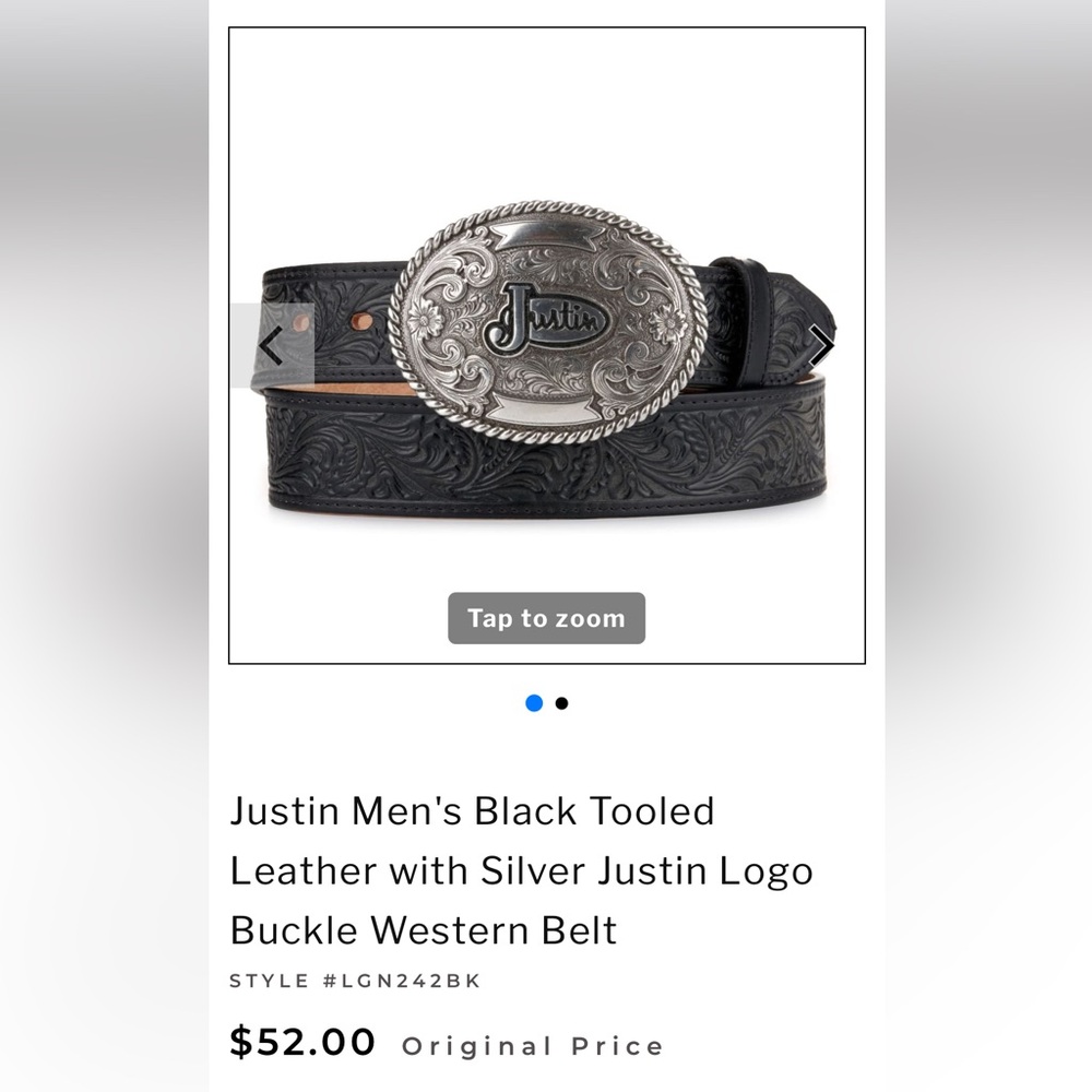 Men’s Black Leather Justin Belt 34 - Silver Justin Buckle